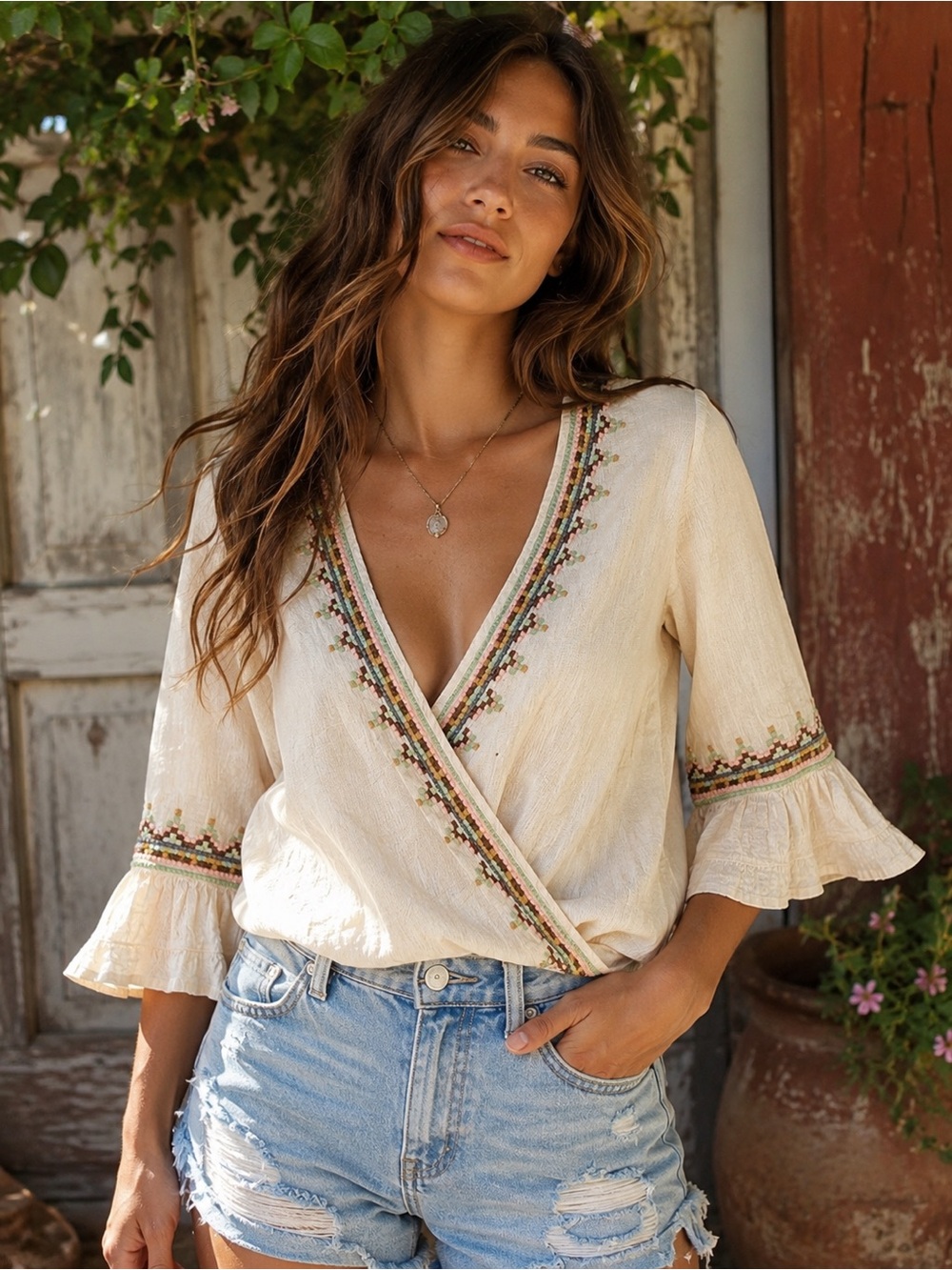 Ivy Jane Embroidered Wrap Boho Blouse Top XS Cream Bell Sleeve Cottagecore
